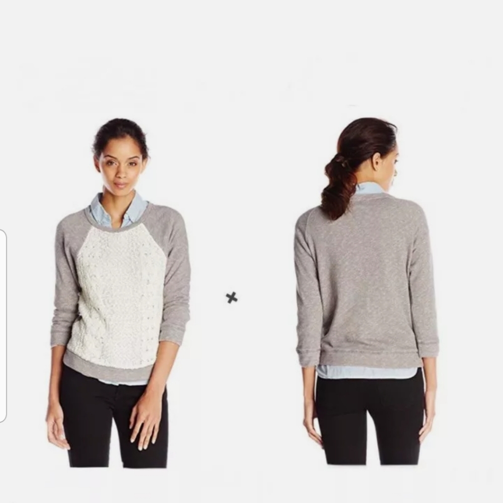 Lucky Brand Lightweight Gray & White Pullover Crochet Cable Knit Sweater Size M